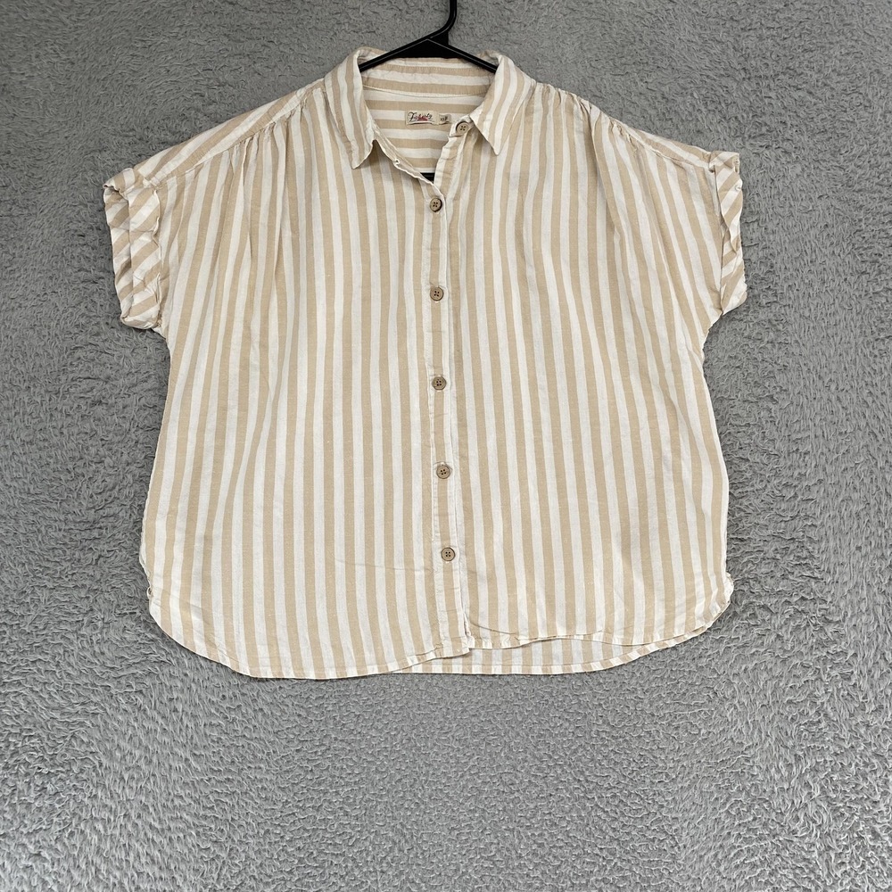 Faherty Stripe Button Up Shirt Womens‎ XS Beige Hemp Lyocell Beachy Summer